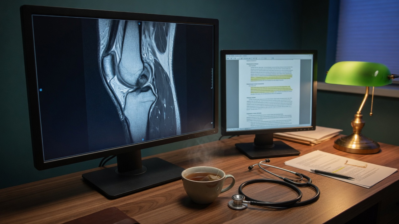 A specialist desk with a knee MRI on one monitor and a written report on the other