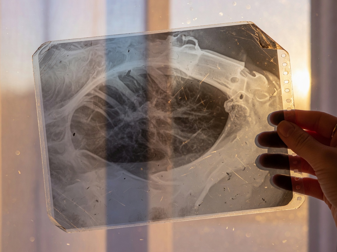 A medical film held up to window light