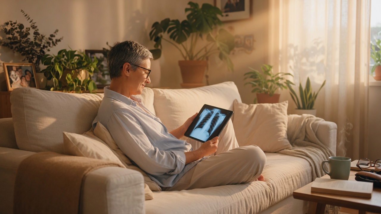 A person reviewing a chest X-ray on a tablet at home in afternoon light